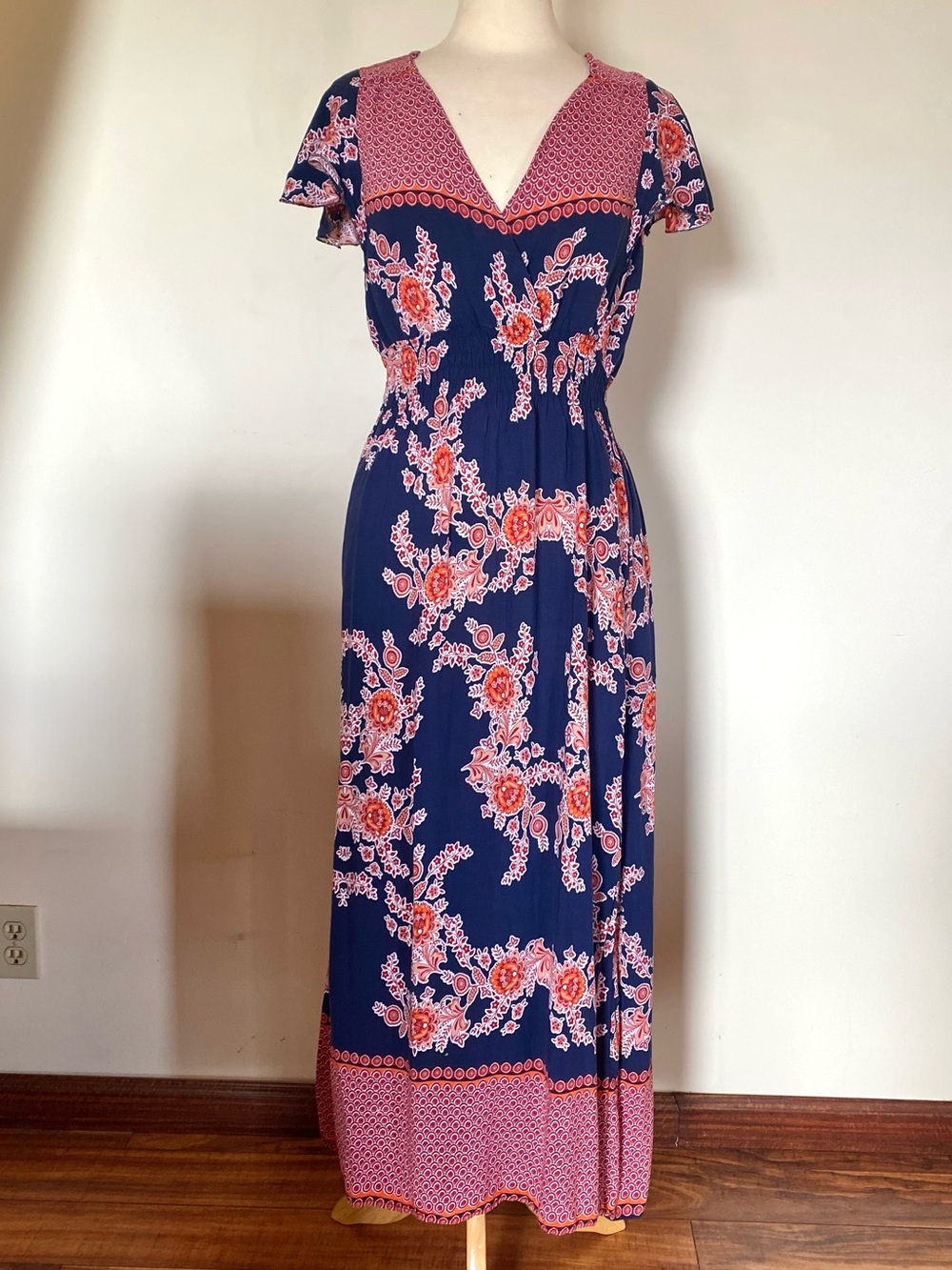 Ann and Kate V-Neck Boho Maxi Dress in Navy and Red, Orange, Pink Floral